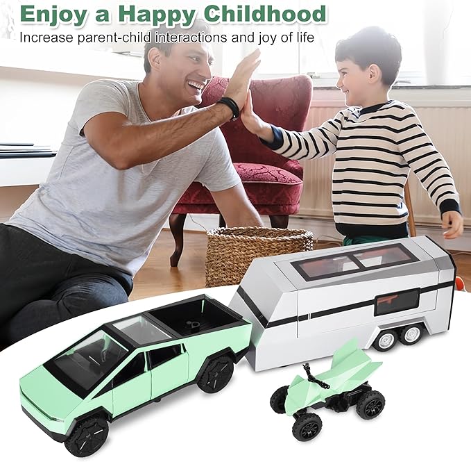 3-in-1 Cybertruck Pickup Sets with RV and Motorcycle,Cyber Truck Pickup Toy with Sounds and Lights, 1/32 Diecast Truck for Kids 3 Year Old and Up, Christmas Birthday Gifts for Boys Girls (Green)