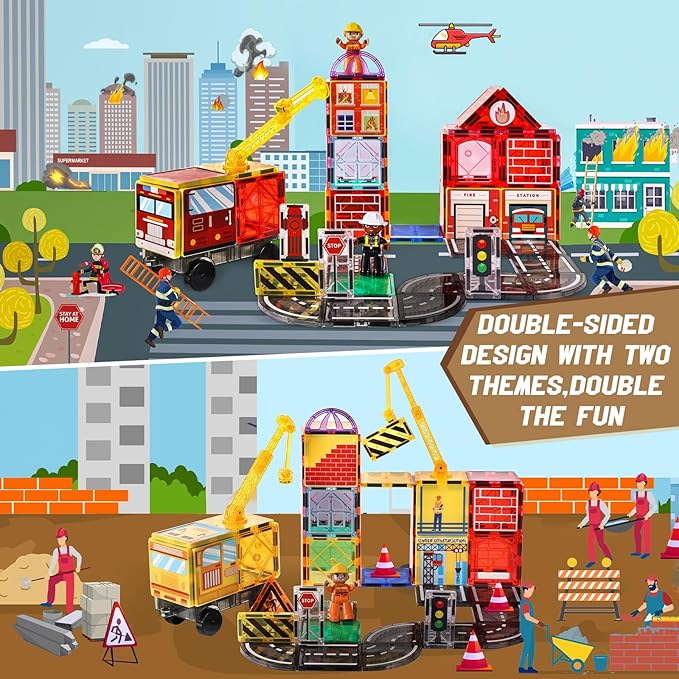 Magnetic Tiles Road Set with 2 Cranes & Double-Sided Magnet Tiles,Boys Toys for Ages 3-5 5-7 8-12,STEM Magnetic Building Construction Toys Include Car,Stations,Dolls,Roads,Signs,Gifts for 3+ Kids