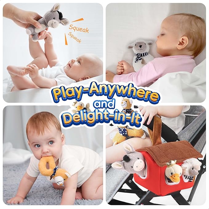 iPlay, iLearn Baby Toys 3 6 12 Month Newborn Gifts, Infant Soft Farm Stuffed Animal Rattles Plush Barn, Boy Girl Stuff, Shower Basket Stuffer, Sensory Hand Development Toy 0 2 4 7 9M 1 Yr - Farm