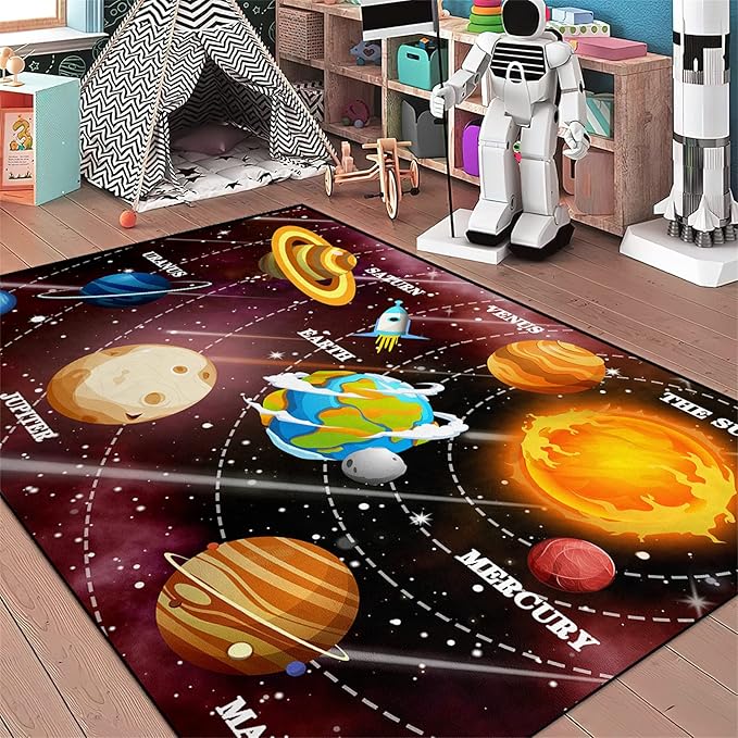Space Rugs Educational Learning Black Large Size Solar System Carpet Rugs Kids Rug for Bedroom Boys Space Area Rug Living Bedroom, 3'×4'
