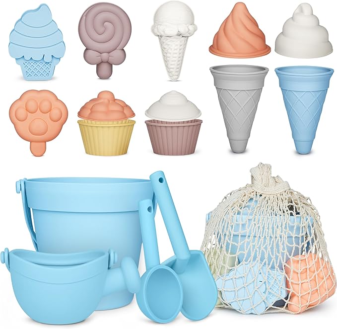 MarcZero 17Pcs Silicone Beach Toys,Modern Baby Beach Toys,Travel Friendly Beach Set,Silicone Bucket, Watering Can, Shovel, 12 Sand Molds, Beach Bag,Silicone Sand Toys for Toddlers, Kids (Light Blue)