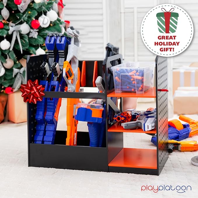 Play Platoon Storage Rack for Nerf Gun Storage & Nerf Accessories, Sturdy Wood Construction, Dart Holder & 6 Gun Holder for Wall with Pegboard Wall Organizer, Includes 20 Pegs