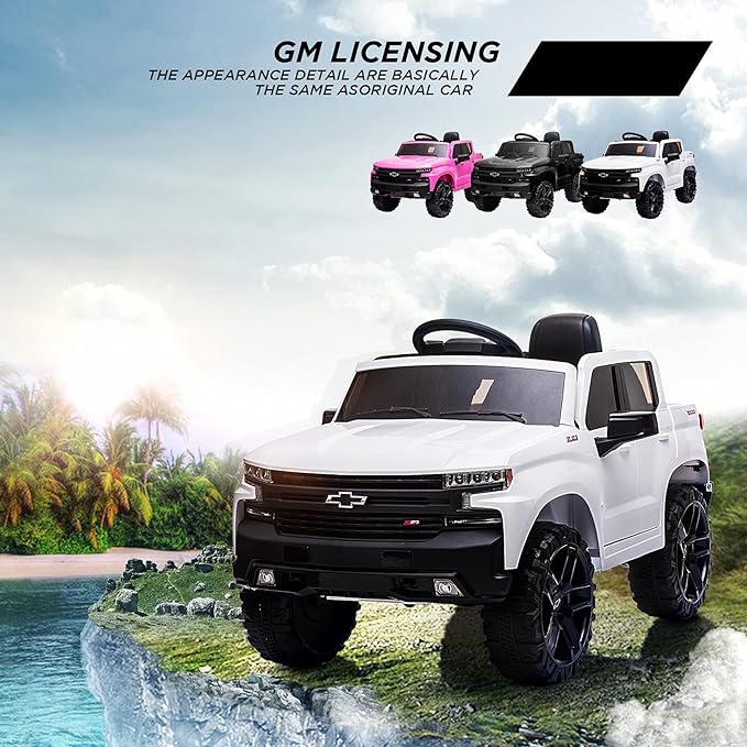 12V Ride on Car for 3-6years, Battery Powered Licensed by Chevrolet Silverado GMC Kids Ride On Truck, Toddler Electric Vehicles Toys w/RC, MP3/Bluetooth, Spring Suspensionfor Boys and Girls(White)