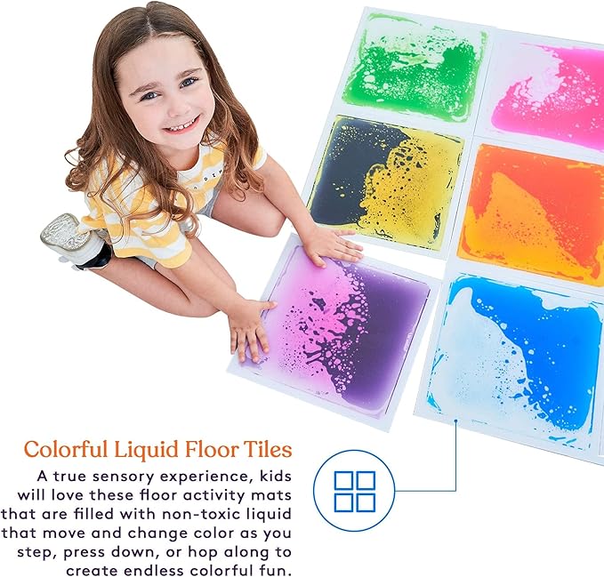 Special Supplies Square Floor Liquid Tiles for Kids, Set of 9, Colorful Early Learning Sensory Activity Mats for Toddlers and Children, Anti-Slip Backing for Active Play, Dance, and Games