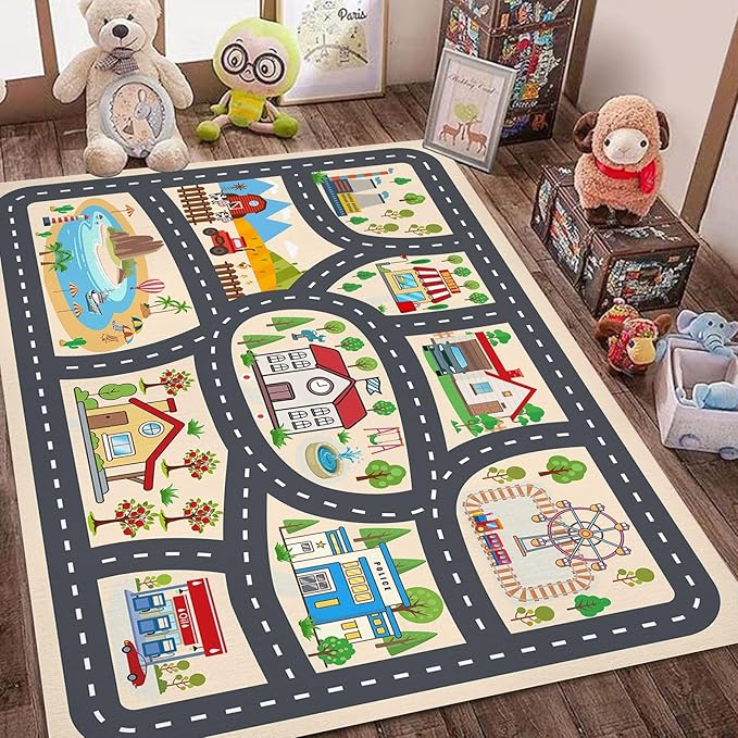 Kids Car Rug Play Mat Carprt for Playroom Classroom, largr Educational Area Rugs with Non-Slip Backing, City Life Play Carpet for Playing Cars Toys Ideal Gift for Children Boy Girl 3.3x4.9ft