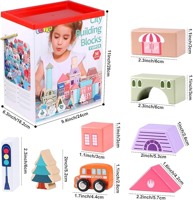 Lewo 115 PCS Wooden Building Blocks with City Map Construction Building Sets City Building Blocks Stacking Blocks Preschool Educational Learning Toys for 3 4 5 6 Years Old Kids Boys Girls Children