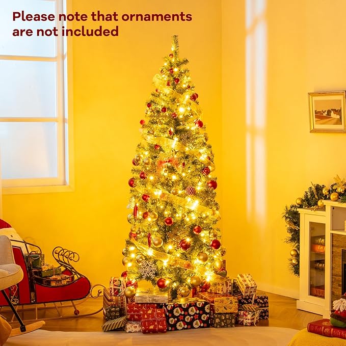 GOFLAME 6.5FT Pre-Lit Pencil Christmas Tree, Hinged Artificial Xmas Tree with 556 Branch Tips, 200 LED Lights, 9 Lighting Modes & Folding Metal Stand, Slim Holiday Decoration Tree for Home Party