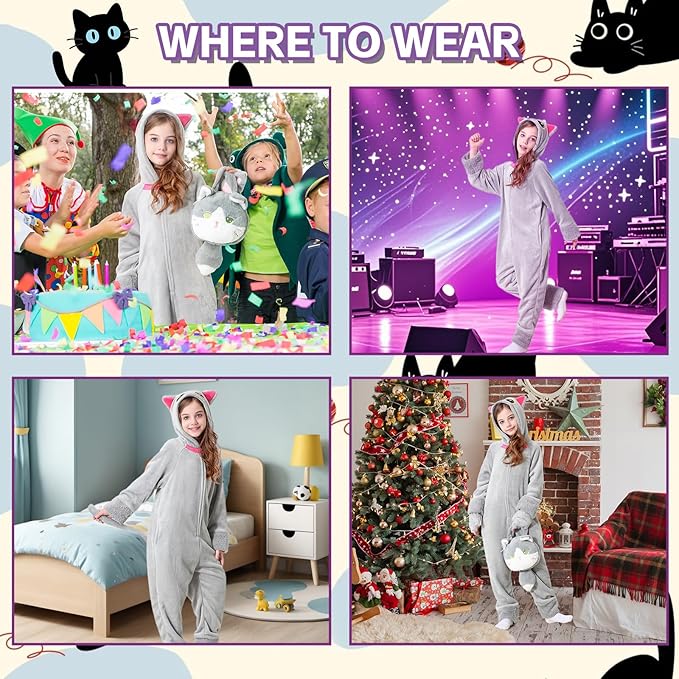 Resiwai Cat Costume for Girls and Boys, Animal Onesie Costumes with Bag and Cat Paws, Halloween Kitty Costume for Kids