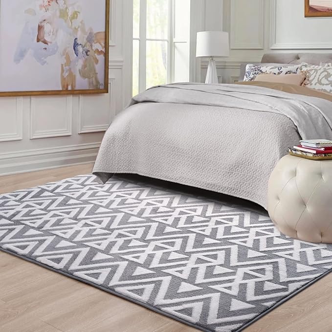 Ompaa Ultra Soft Shaggy Rugs Memory Foam Bedroom Carpet, Grey 5 x 8 Feet, Plush Geometric Textured Area Rugs for Living Room Couch Dorm Bedside Kids Girls Teens Room Nursery Decor Floor Mat