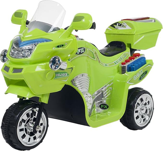 Electric Motorcycle for Kids - 3-Wheel Trike - Battery-Powered Motorbike for Kids Ages 3-6 - Fun Decals, Reverse, and Headlights by Lil’ Rider (Green)