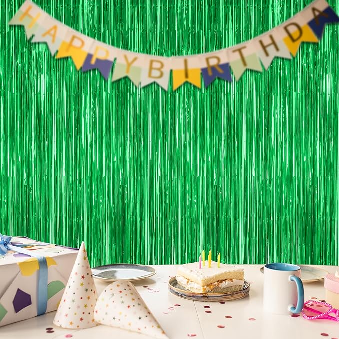 8 Pack Green Streamer, 3.28 FT x 7.05 FT Dinosaur Backdrop, Metallic Tinsel Backdrop FOI Fringe Curtains Party Streamer, Jungle Decor Green Streamer Party Decorations Photo Booth Props