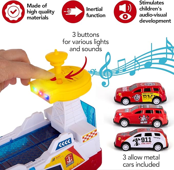 ArtCreativity Light Up Boat Toy with Sounds - Colorful Fire Dept Model Ship with Wheels & 3 Alloy Metal Cars - Kids Ferry Boat for Imaginative Play - Kids Birthday Gift Party Favor