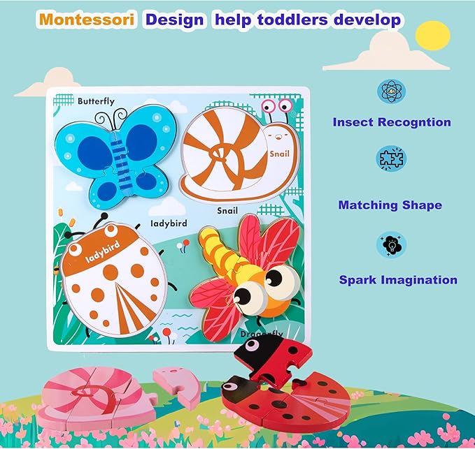 Wooden Jigsaw Puzzles for Toddlers 2-4 Years Old Girls Boys Jumbo Base Chunky Puzzle Ages1-3 Toddler Fun Gifts for 24-36 Months