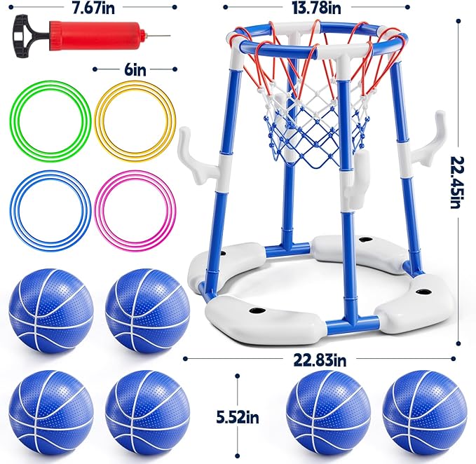 Pool Basketball Hoop, Floating Game with 6 Balls & Pump, Kids Pool Toys for Outdoor Summer Fun, Adjustable Height for Ages 4-8-12, Family Swimming Pool Accessory(Blue)