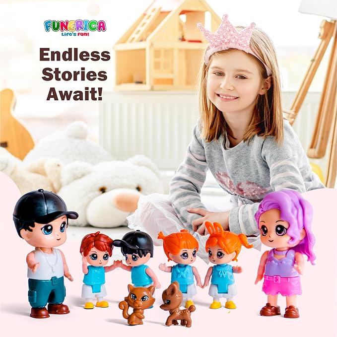 Funerica Dollhouse People, 8 Family Figures and Pets Playset - Bendable Little People Figures - Perfect for Imaginative Fun and Dollhouse Play - Play Doll House Accessories