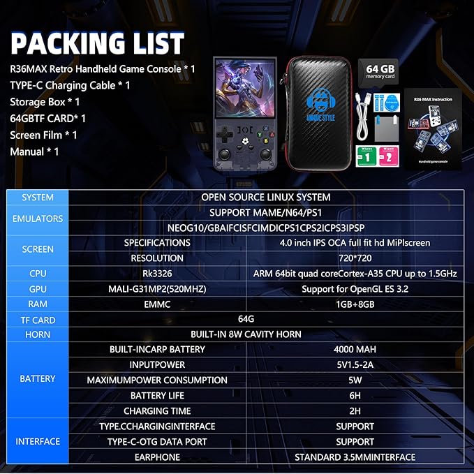 2025 New R36MAX Retro Handheld Game Console, 4.0 Inch IPS Screen Retro Gaming Console, 18000+ Classic Games, Linux System, 4000mAh Battery Portable Pocket Mini Arcade, Built-in 64G, Gray