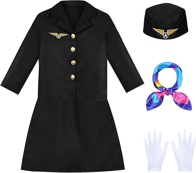 Flight Attendant Costume for Kids Stewardess Costume Set for Girls’ Career Day 100 Days of School Halloween Dress Up