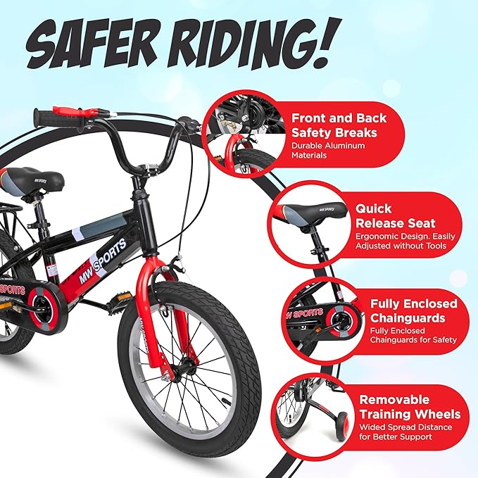 Slippery Racer MW Sports 16 inch Kids Bike with Removable Training Wheels, Hand Brakes and Back Relay Rack for Ages 4-6 Years.