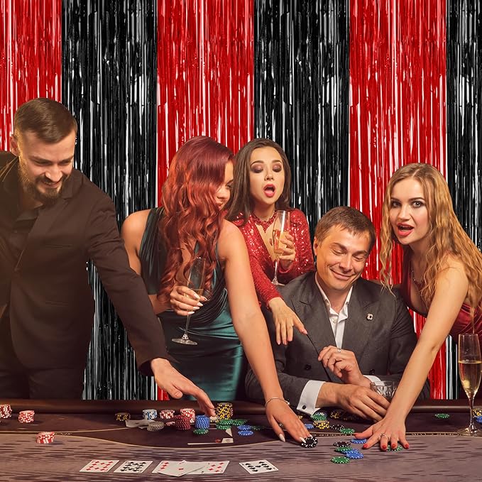 8 Pack Halloween Party Supplies, 3.28 FT x 7.05 FT Red and Black Foil Streamer, Metallic Fringe Curtains Tinsel Backdrop Party Streamer, Hanging Halloween Decorations Casino Party Decor