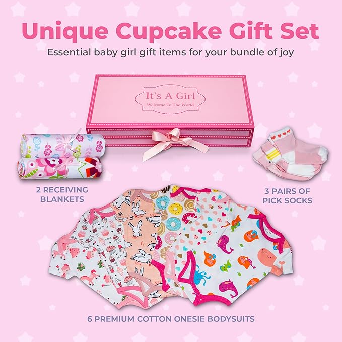 Unique Cupcake Baby Girl Gift Set | Baby Girl Newborn Essentials | Baby Clothes for Girls | Newborn Girl Outfits for Expecting Moms and New Parents | Baby Layette Set - Pink | Nikki's Gift Baskets