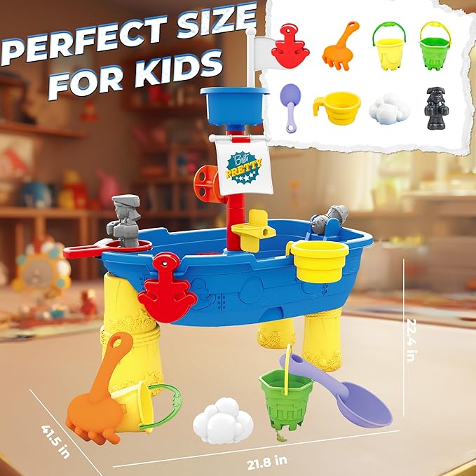BELLOCHIDDO Water Table for Toddlers 1-3 - Ship Beach Toy Boat for Toddler, Summer Toys Kids Water Play Table & Sandbox, Water Toy Accessories for Boys Girls