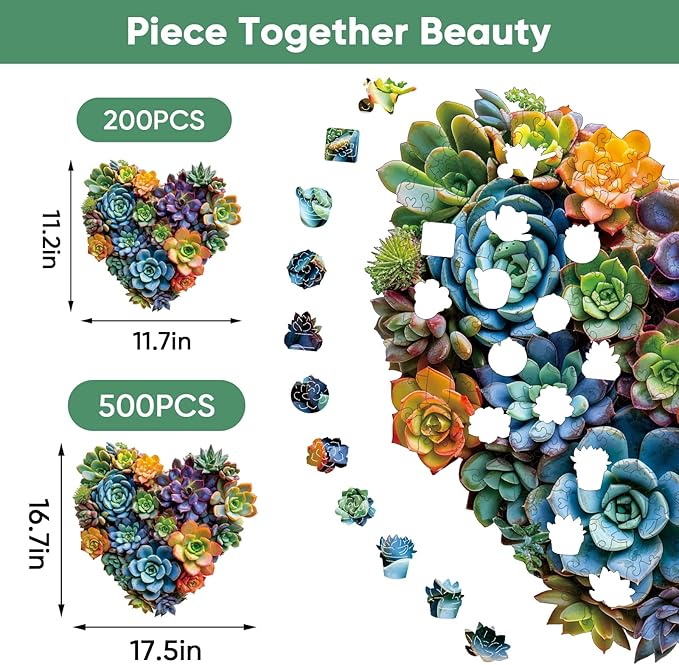 Heart Succulent Wooden Puzzles for Adults, 200 Piece Unique Shaped Wood Jigsaw Puzzles for Adults and Kids, Fun Challenging Puzzles Family Game Gift, Medium 11.7'' x 11.2''