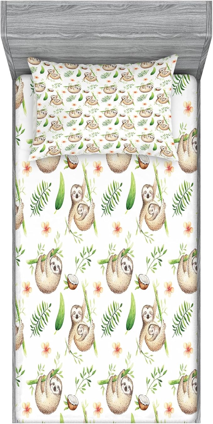 Ambesonne Sloth Fitted Sheet & Pillow Sham Set, Sloth and Mother Soft Colored Flowers Coconut Tree Leaves Happy Family, Decorative Printed 2 Piece Bedding Decor Set, Twinxl, Pale Brown Green
