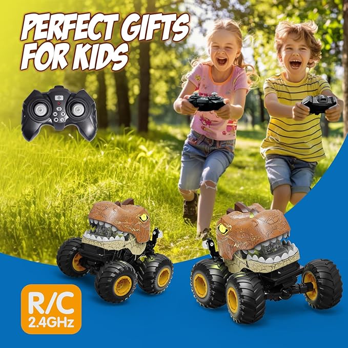 Remote Control Dinosaur Monster Truck, 2.4Ghz RC Stunt Cars for Kids 3-5 with Spray/Lights/Music, Outdoor Toys Dinosaurs Car for 4 6 7 8 Years Old Boys & Girls Christmas Birthday Gifts Ideas