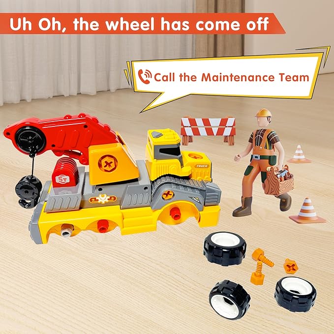 11inches Large Take Apart Construction Toys Crane Trucks for Boys Girls Kids 3-10 Year Old Electric Drill Toys