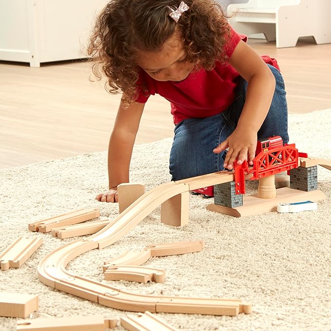 Melissa & Doug Swivel Bridge Wooden Train Set (47 pcs) - Wooden Train Set For Kids Ages 3+