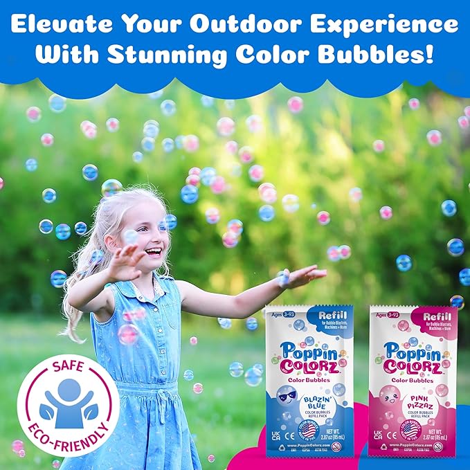PoppinColorz Hydra Rechargeable 2-in-1 Color Bubbles Blaster & Water Gun:2025 Toy of The Year Finalist. 2X Color Bubble Liquid & 4X Clear No-Spill. Bubble Solutions for Toddlers. Bubbles Made in USA.