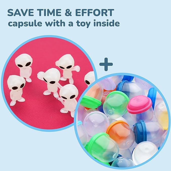 Alien Toys in Capsules - 50 Pcs of 1.1 Inch Plastic Capsules & 1 Inch Glow in The Dark Alien Figurines for Kids - Party Favors - Classroom Prizes - Toys Bulk for Vending Machine Refill