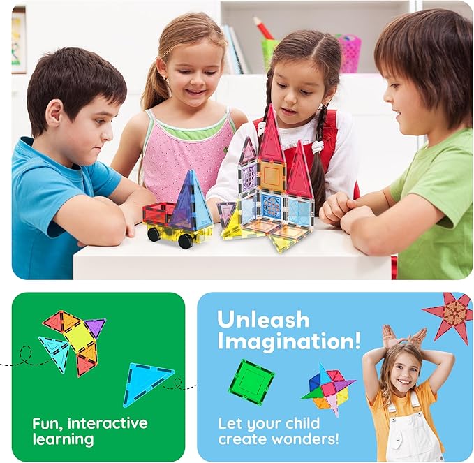 PicassoTiles Magnetic Tiles 61pc Magnet Tile Building Blocks Construction Sensory Toy Set with Storage Carry Case Drawstring Bag STEM Kids Learning Educational Pretend Play Boy Girl Ages 3+ & Up PT05