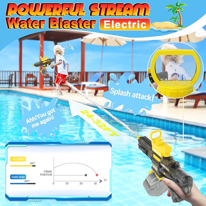 2025 Electric Water Gun for Adults Kids, Automatic Water Gun Toy for Kids Ages 4-8 8-12, Large Capacity High Power, 32ft Ultra-Long Range, Summer Pool Outdoor Beach Water Toys for Boys Girls(Yellow)