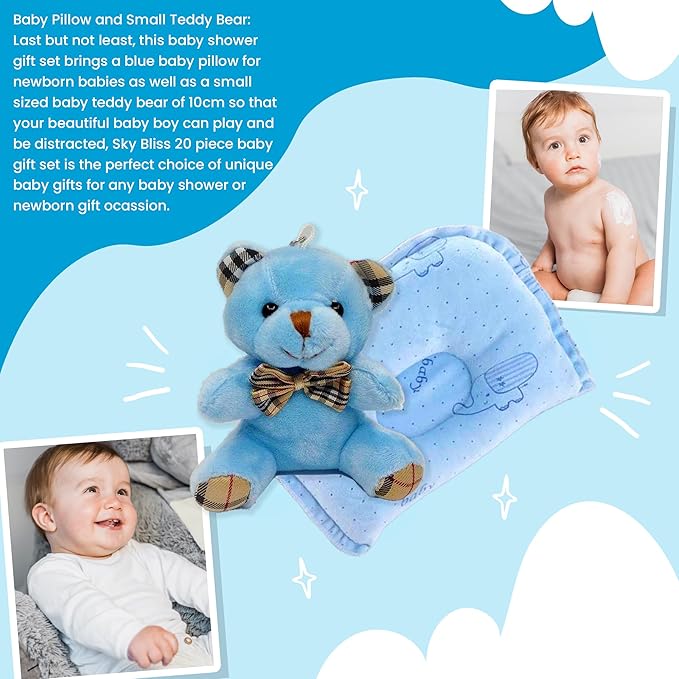 Sky Bliss 20 Piece Baby Gift Set (Blue), Newborn Baby Gift Set, Baby Clothes, Teddy Bear, Pacifier, Baby Grooming kit, Gifts for a New Baby Boy, Baby Boy Newborn Essentials