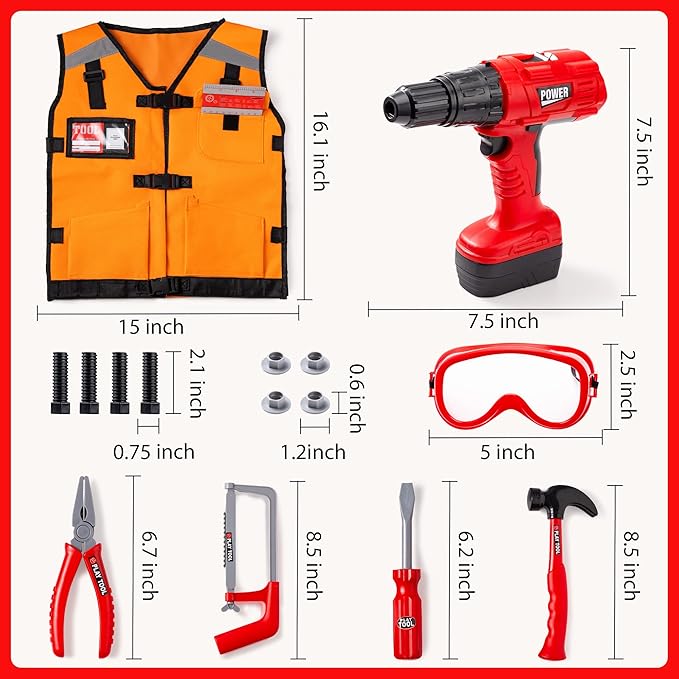 JOYIN 26Pcs Kid Tool Set, Pretend Play Toddler Tool Toy with Construction Worker Costume & Electronic Toy Drill in Storage Box for Boy Girl Halloween Present Birthday Dress Up Party