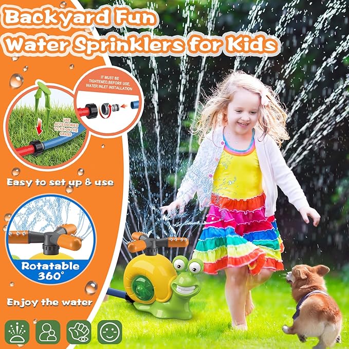 3-in-1 Water Sprinkler Baseball Toy, 360° Rotating Water Baseball Tee & T Ball Sprinkler with Water Balls, Summer Outdoor Water Toys for Kids Backyard Games Lawn Pool, Snail, Ages 3+