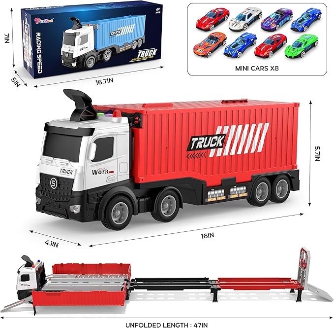 Carrier Truck Race Track Kids Toys, Foldable 3 Layer Toddler Track Playset, Toy Truck Transport Car Carrier & 8 Race Cars, Truck Car Toddlers Toys Xmas Gifts for Age 3 4 5 6+ Years Old Boys Girls
