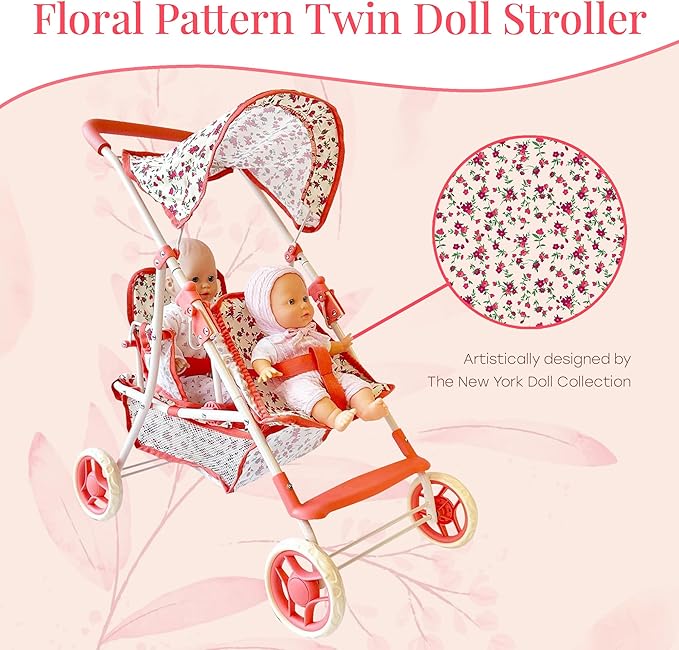 Double Doll Stroller for Baby Dolls Twin Dolls | Toy Doll Stroller for Toddlers, 4 Year Old, 5 Year Old Girls, 8 Year Old | 25” Tandem Play Toy Stroller for Baby Dolls, Floral Baby Stroller for Dolls