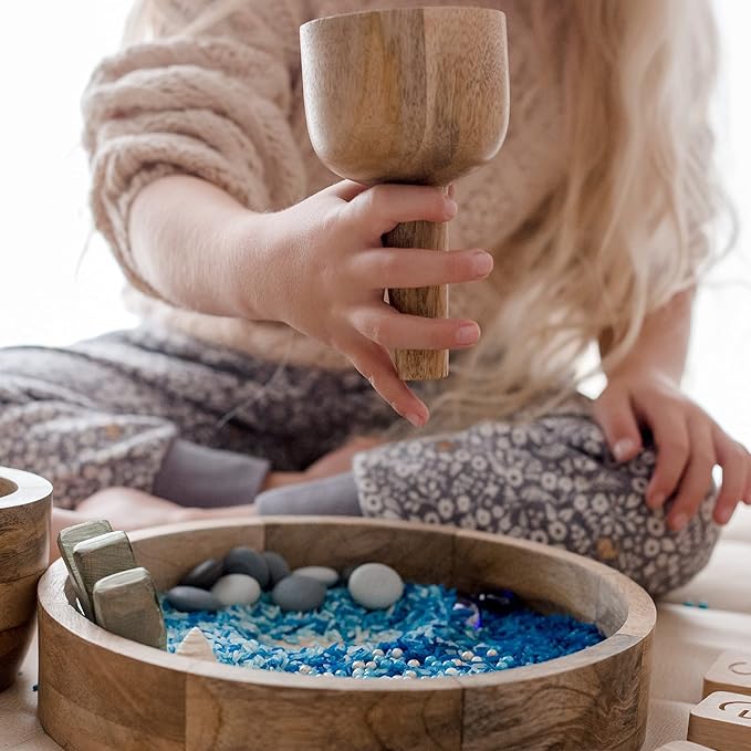 Wooden Funnel & Sensory Play Set – Montessori Pouring, Scooping & Grinding Kit for Loose Parts & Water Play, Natural Mango Wood