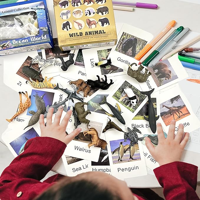 Mbrain 24 Pcs Plastic Realistic Small Safari & Ocean Animal Figures with Flash Cards, Learning & Montessori Toys for 3-5 Year Olds