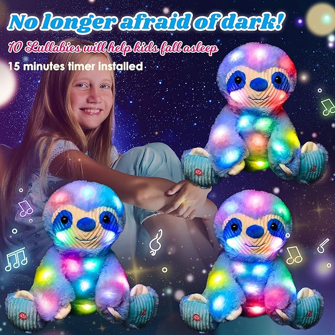 Cuteoy Blue Sloth LED Musical Stuffed Animal Light-up Singing Plush Adjustable Volume Lullaby Plushies Birthday Christmas Toy Gifts for Kids Toddler Girls, 13"