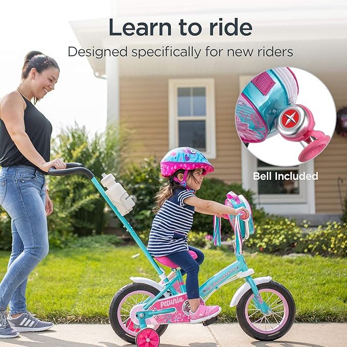 Schwinn Grit and Petunia Push Steer and Ride Kids Bike, For Boys & Girls Ages 2-4 Year Old, Rider Height 28-38 Inch,12-Inch Wheels, Training Wheels, Detachable Push Handle with Water Bottle & Holder