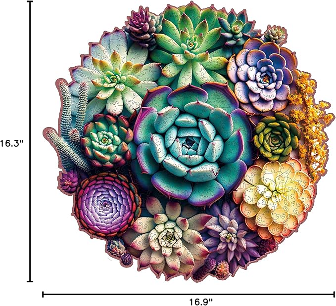 Unique Wooden Jigsaw Puzzles - Mandala Succulent Plants, 500 Pcs King Size 16.9'' x 16.3'', Luxurious Shaped Wood Puzzle, Beautiful Package, Best Gift for Adults and Kids, Family Game