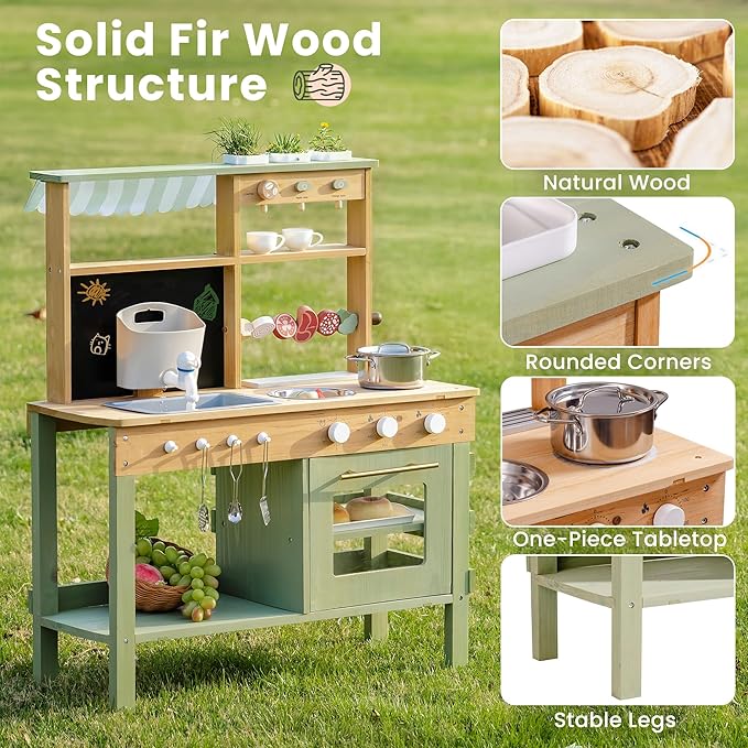 ROBUD Mud Kitchen for Kids Outdoor, Solid Wood Outdoor Play Kitchen, Green Kids Mud Kitchen with Barbecue Grill, Removable Sink & Faucet, Monteeori Toys for Children Ages 3+, WH003