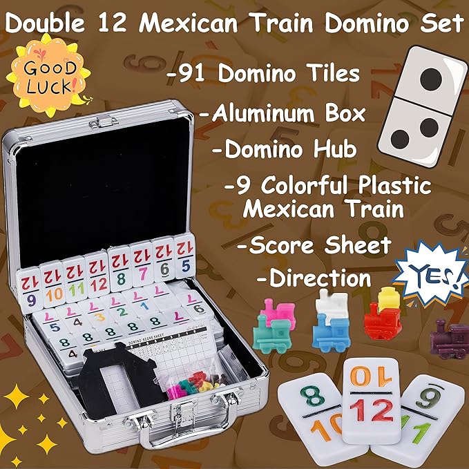 Smilejoy Double 12 Colorful Number Dot Dominoes, Mexican Train Domino Game Double Twelve Domino Set with Aluminum Case, 91 Tiles,(2-9 Players)