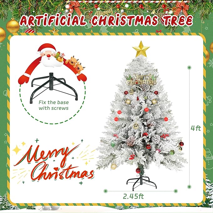 4FT Premium Artificial Christmas Tree, Snow Flocked Hinged Pine Tree w/800+ Snowflake Branches, Solid Metal Stand for Holiday Decoration Indoor Outdoor Use, Green