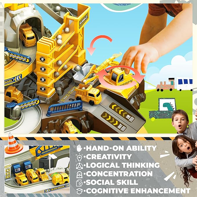 Toys for 3 Year Old Boys - SMIESSKIDDO 68 PCS STEM Construction Race Track Set with Music & Mining Scenes | Montessori Learning Gift for Toddlers Ages 3-6, Durable & Easy Build Car Tracks