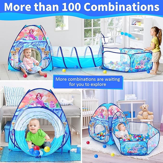 3 in 1 Kids Mermaid Play Tent for Toddler with Baby Ball Pit and Play Tunnel, Children Indoor Outdoor Playhouse with Crawling Tunnel Toy for Toddlers (3pc Mermaid Ball Pit)
