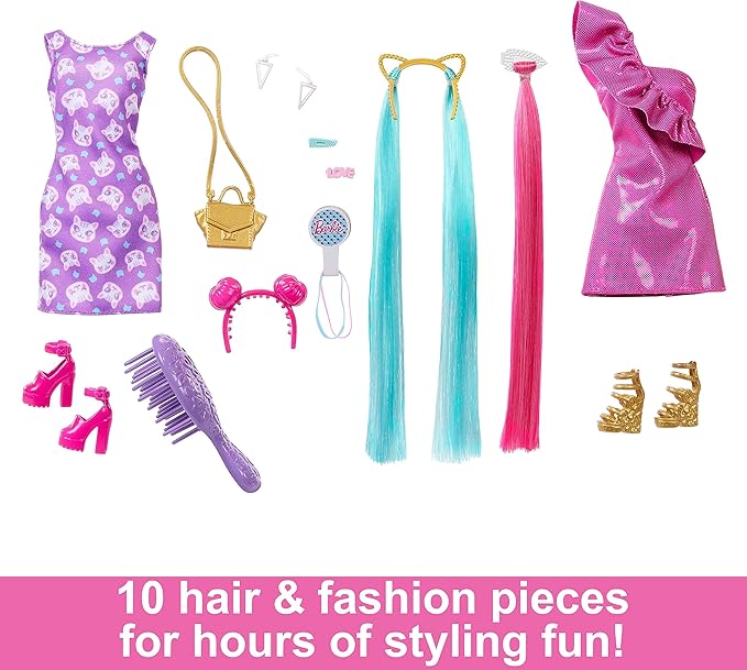 Barbie Doll, Fun & Fancy Hair with Extra-Long Colorful Blonde Hair and Glossy Pink Dress, 10 Fashion Play Accessories